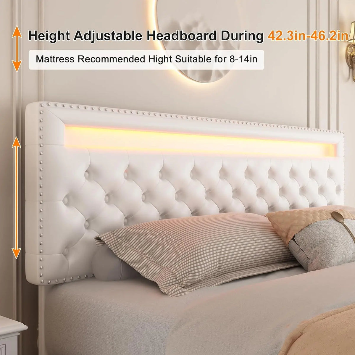 Bed Frame, Adjustable LED Headboard, Remote & App Control Lights,Plush Upholstered Platform with Silver Nailhead Trim,Customized