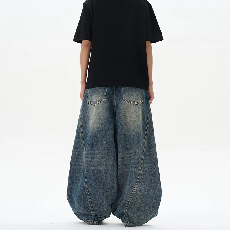 Mens Patchwork Denim Jeans Oversized Wide Leg Pants Vintage Cracked Lightning Denim Streetwear For Men