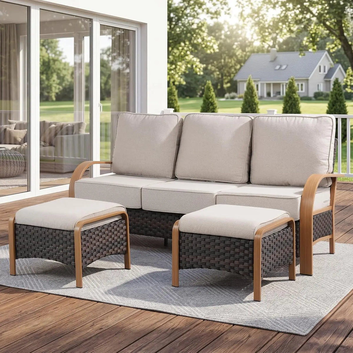 Wicker Patio Sofa Set with 6-Inch Cushions & Ottoman, All Weather 3 Seater Outdoor Furniture for Deck, Wood & Beige, Customized