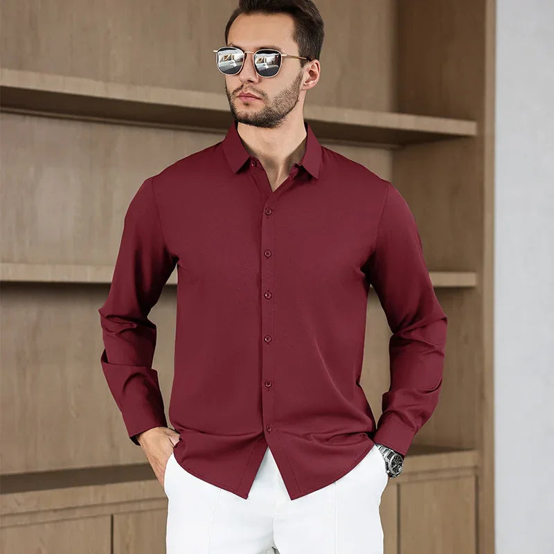 New Men'S Business Casual Long Sleeved Solid Color Shirt Wrinkle Resistant Wrinkle Free Comfortable All Season Versatile Top