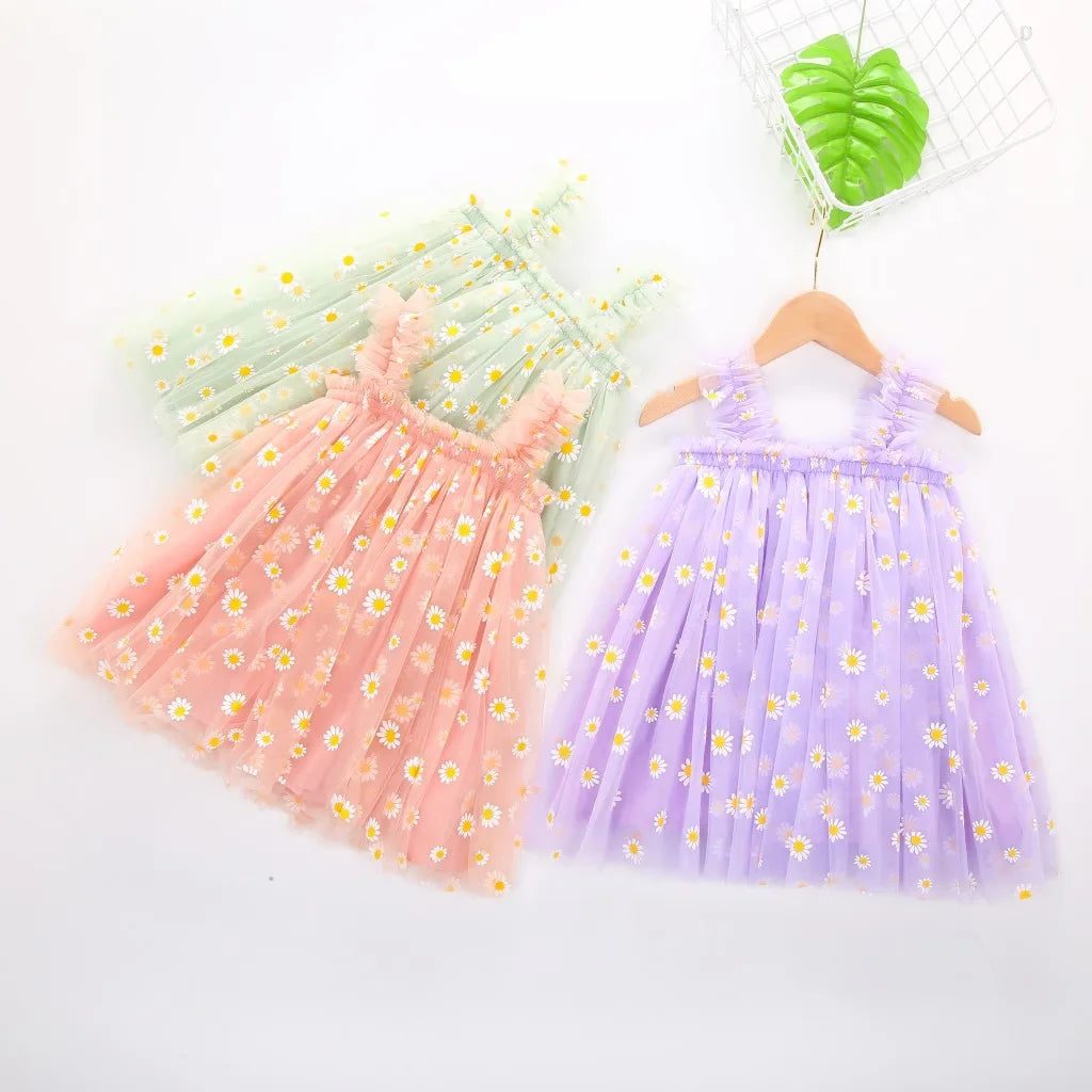 Toddler Girls Summer Sling Dress Sleeveless Daisy Print A-Line Tulle Princess Dress Kids Birthday Party Skirt Cute Baby Clothes