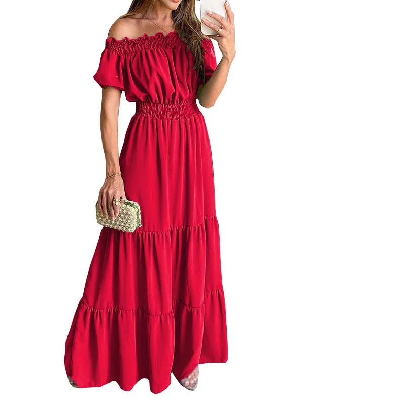 Summer Sexy Off Shoulder Slash Neck Ruffle Beach Party Dress Elegant Women Fashion Red Lace-up Pleated Holiday Long Dresses Robe