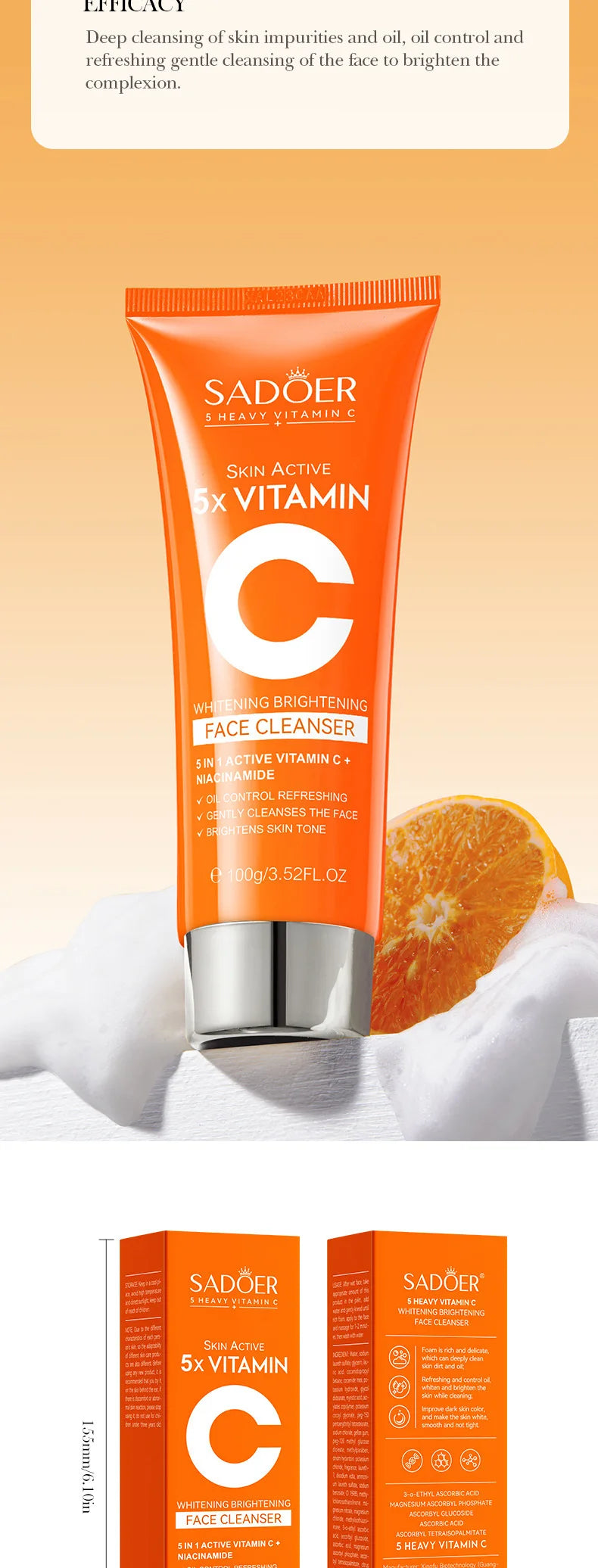 SADOER Vitamin C  Facial Cleanser Face Wash Foam Cleanser Deep Cleansing Moisturizing Brightening Hydrating Skin Care Products