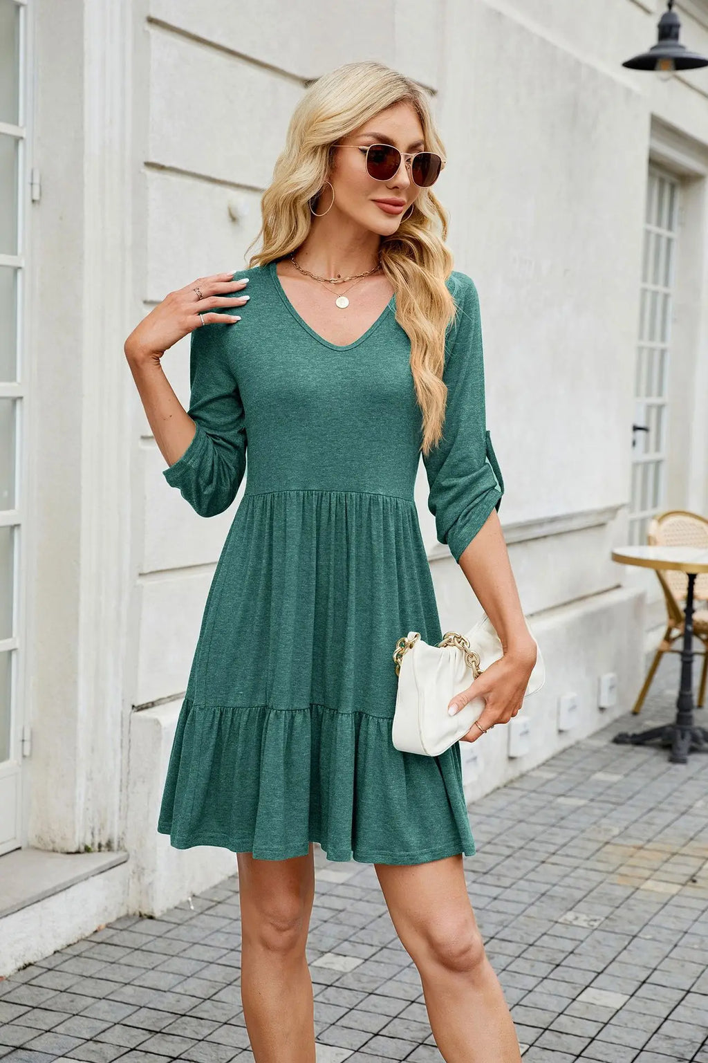 Women Spring Summer Loose 3/4 Sleeve V-Neck Ruched Ruffled Flowy Midi Dress EU US