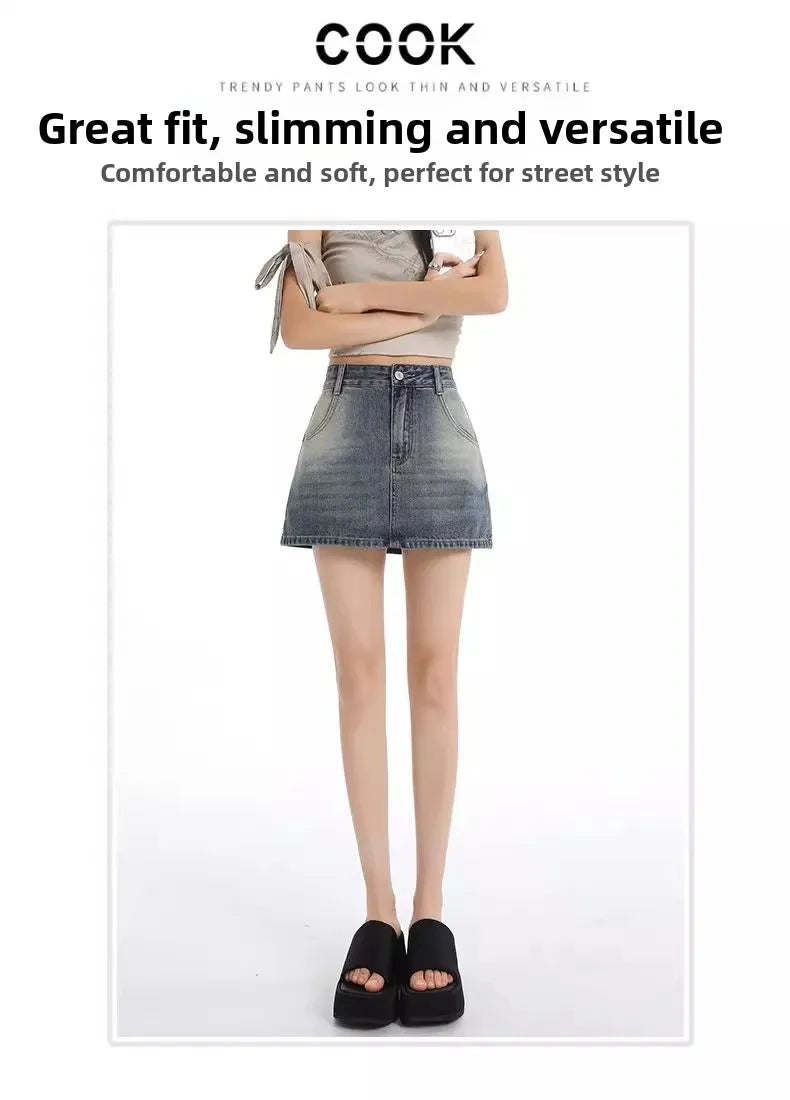 Retro American Washed Slim Fit Denim  Skirt Women Summer Hot Girl High Waist Bodycon Anti Exposure a Line Half Body Skirt