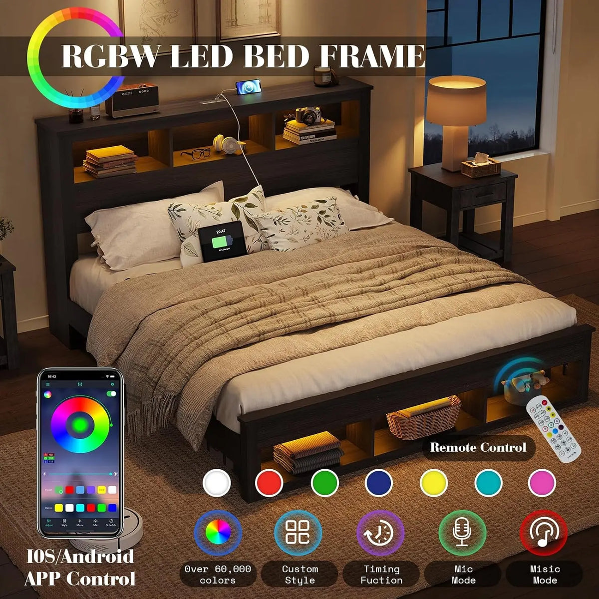 King Bed Frame with 47.2” Bookcase Storage Headboard & Footboard, Farmhouse Wooden Platform Bed with LED Light, Custom