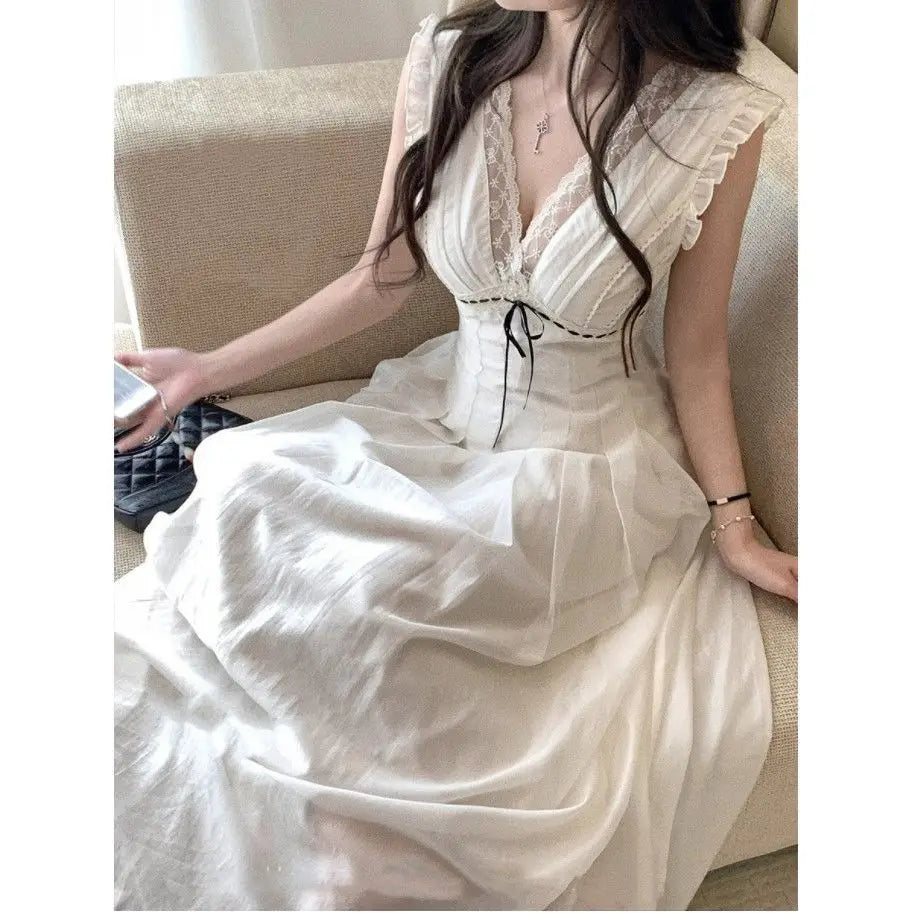 plus Size French Collar Lace Splice Sleeveless Dress Women Summer Slimming Long Dress Waist Cinched V Neck Knitted Fabric