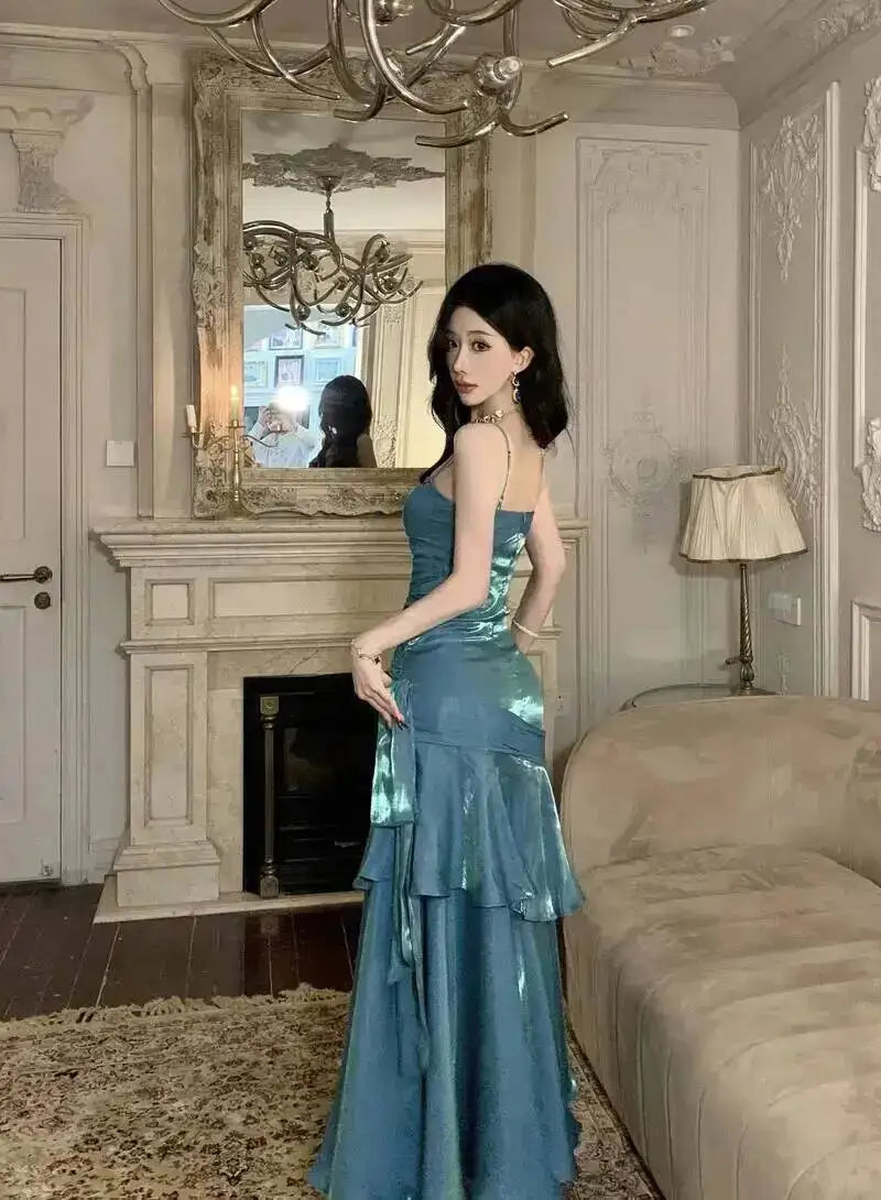 LGRQ 2026 Summer Blue Niche Strap Dress Fishtail Elegant Long Dresses Solid Color Female Elegant Party Gown 19DA2013