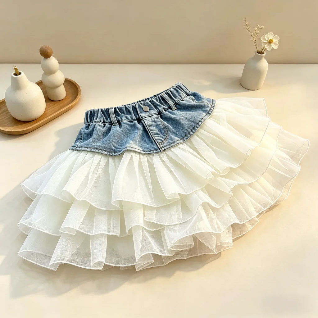 Girls' Summer Denim Short Skirt Patchwork Mesh Cake Style Children's Kids' New Fashion Skirt
