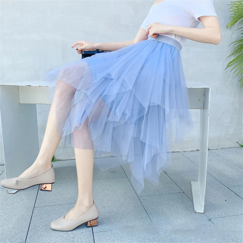 Summer Tutu Women Skirt Harajuku Casual Tulle Bottom Jupe Femme Faldas Fashion High Waist Midi Mesh Skirts Woman Clothing Saia