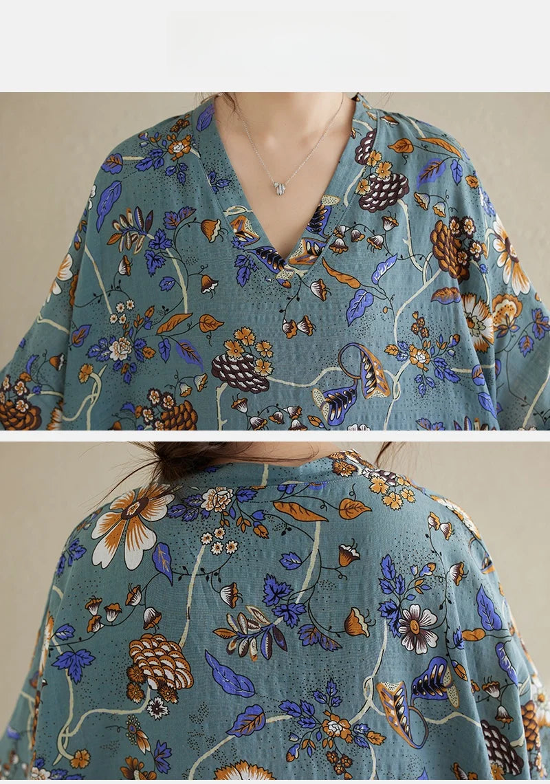 Summer Fashion Print Short Sleeve Dress V-Neck Conceal Hip Large Size Women's Dress Retro Commute Style Cotton Long Dress