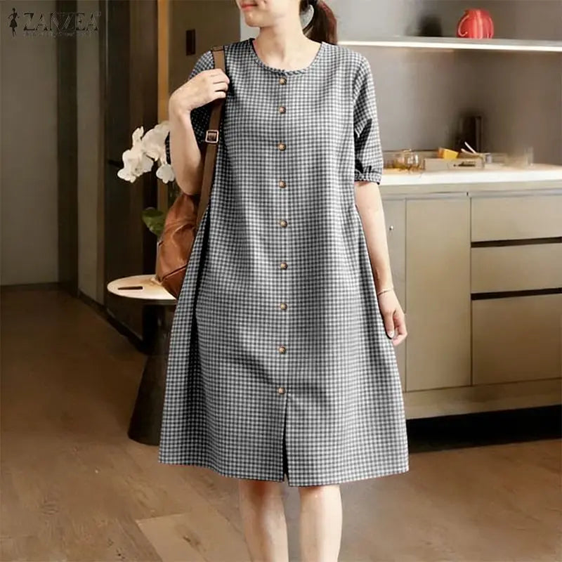 2026 ZANZEA Women Summer Sundress Elegant Short Sleeve Plaid Checked Dress Casual O Neck Work Dresses Baggy Holiday Vestido Robe