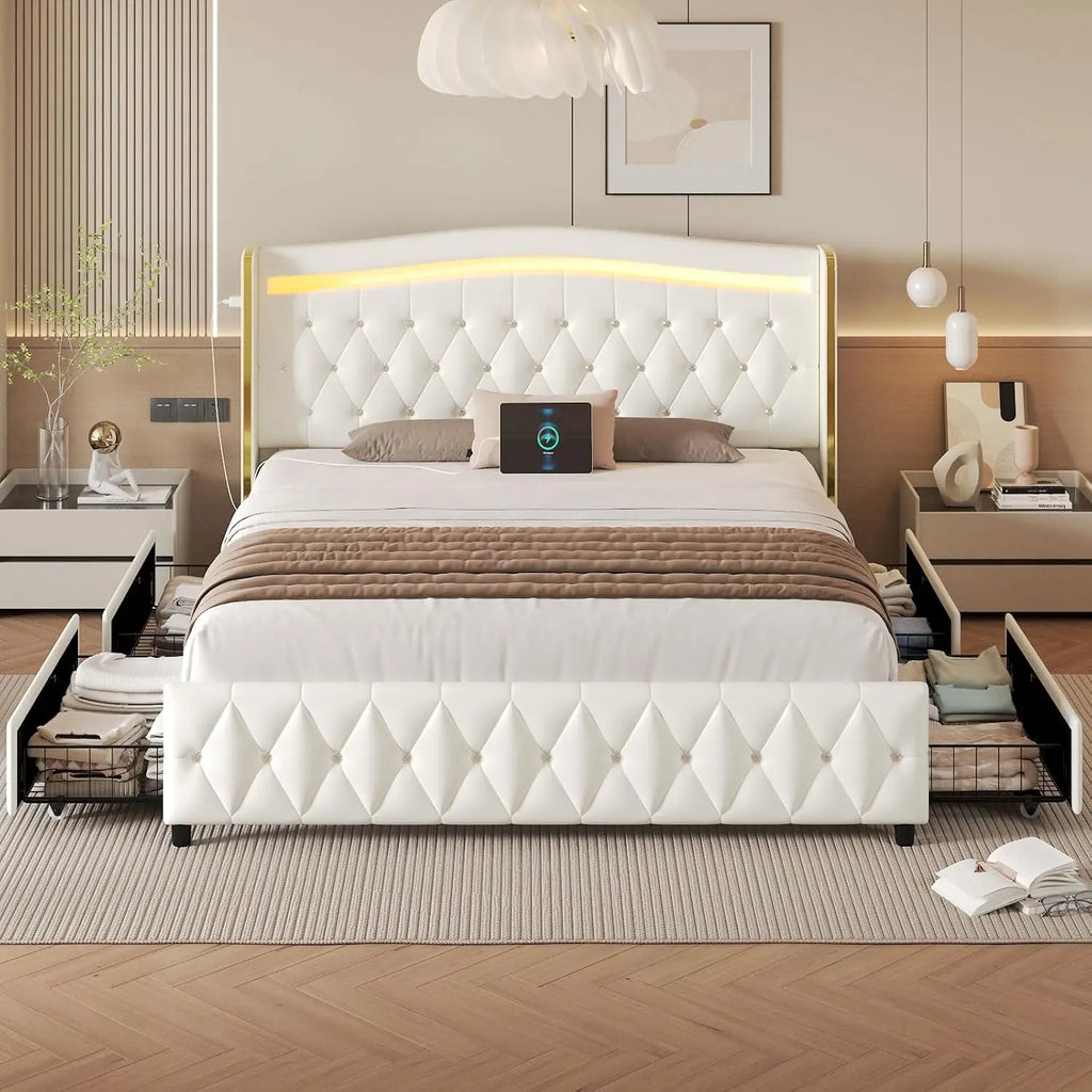 Queen Size Bed Frame, Headboard, 4 Storage Drawers, LED Lights, White | Charging Station, Upholstered Leather Bed,, Customized