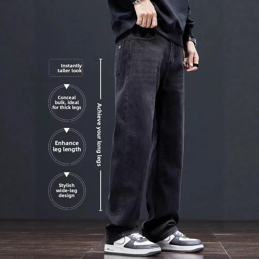 Black Casual Elastic Wide Leg Jeans Men's Loose Straight Fit Jeans Trendy Autumn Winter Long Pants Korean Style Basic Model