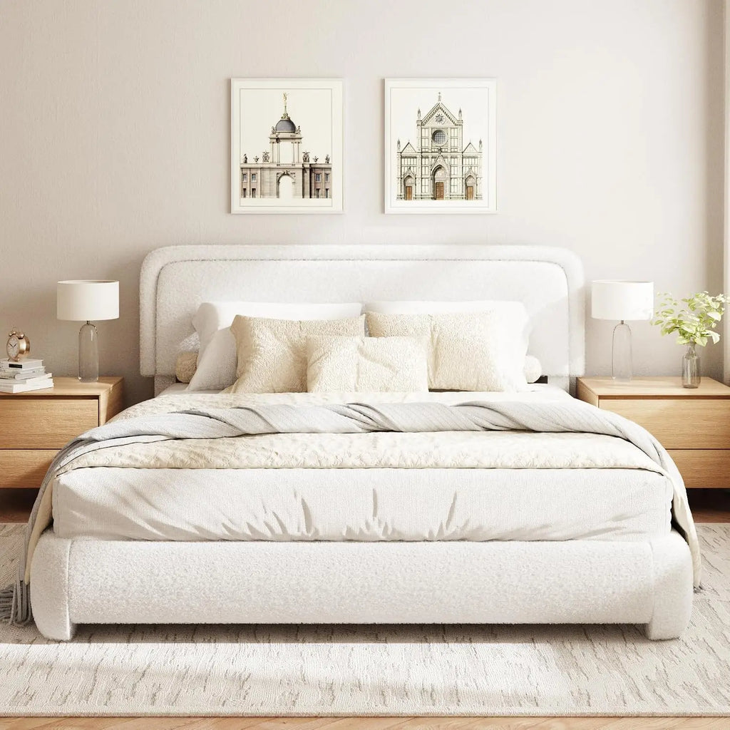 Boucle Upholstered Platform Bed with Adjustable Headboard & Rounded Corners, King Size, No Box Spring, Noise Free, White, Custom