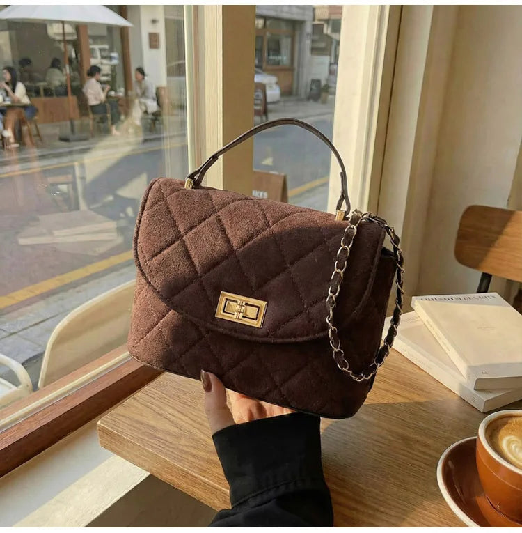 Diamond Grid Chain Crossbody Bag One Shoulder Purse Trendy Flip Top Clutch Women's Fashion Suede Leather Casual Shoulder Bag