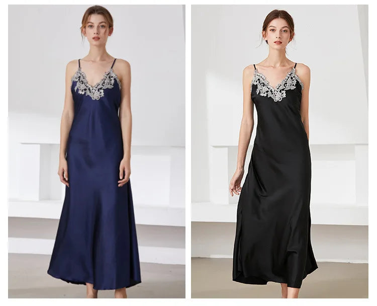 1 PCS Women's Silk Like Lace Sexy V Neck Long Sling Sleep Dress Pajamas Elegant Soft Skin-Friendly Fashion Home Wear