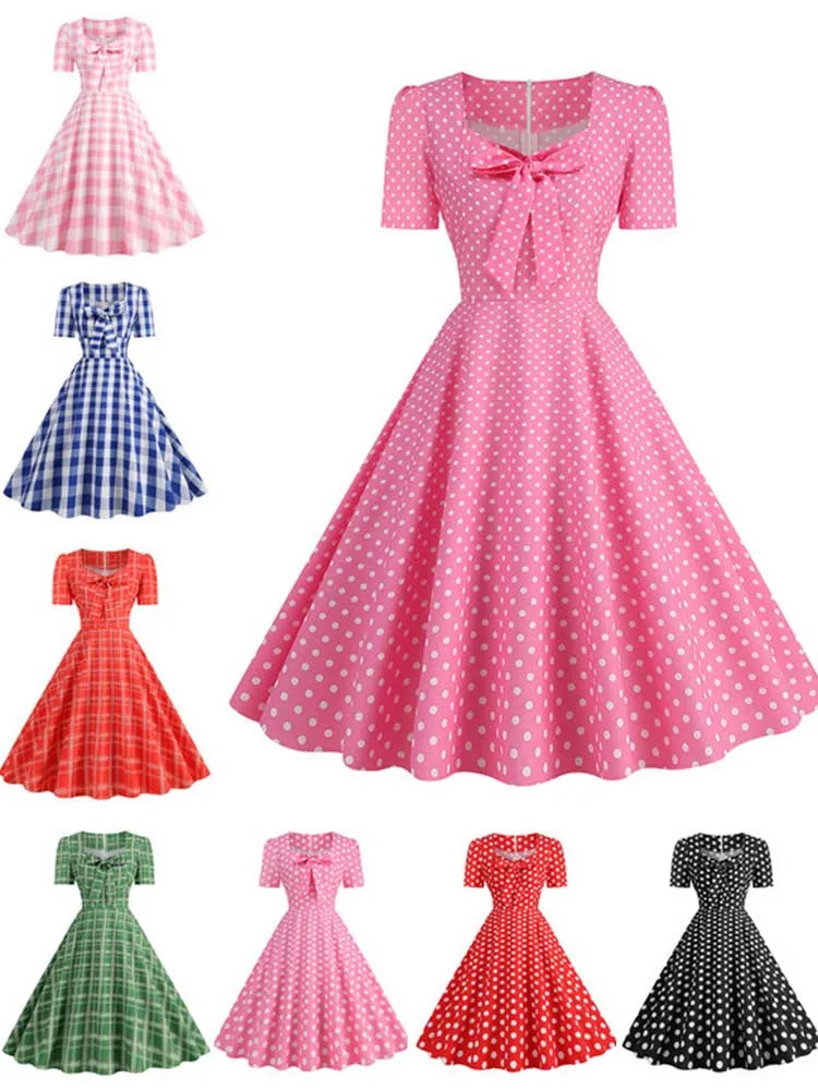 Pink Plaid Swing Party Dresses Women Elegant Vintage Square Collar Short Sleeve Casual Summer Dress