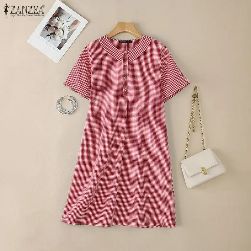 ZANZEA Women's Casual Gingham Short Dresses Turn-Down Collar Half-Button Short Sleeve Knee-Length Dress Summer Robes Femme