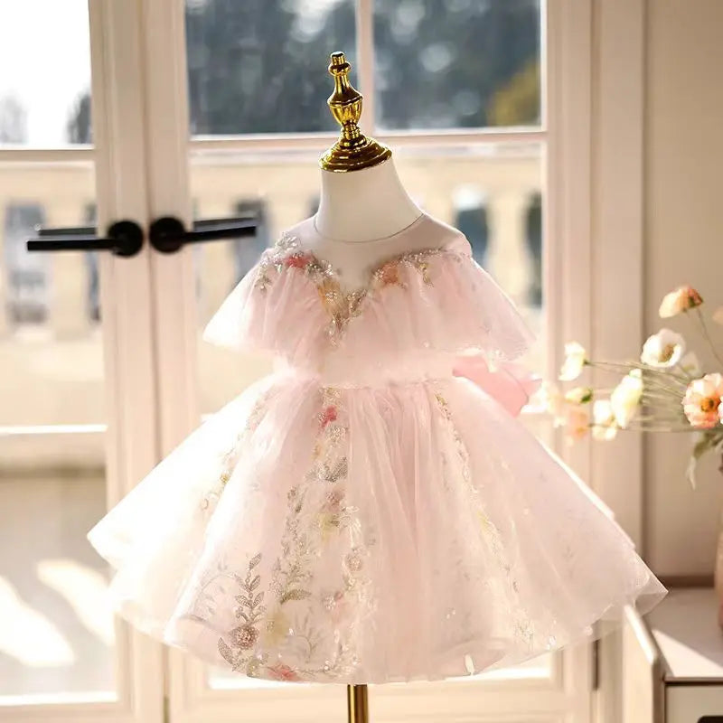 Dreamy Vow J472 Elegant Pink  Baby Girl Dress with Bow for Kids 1st Wedding Birthday Holiday Party Holiday Knee Length Ball Gown