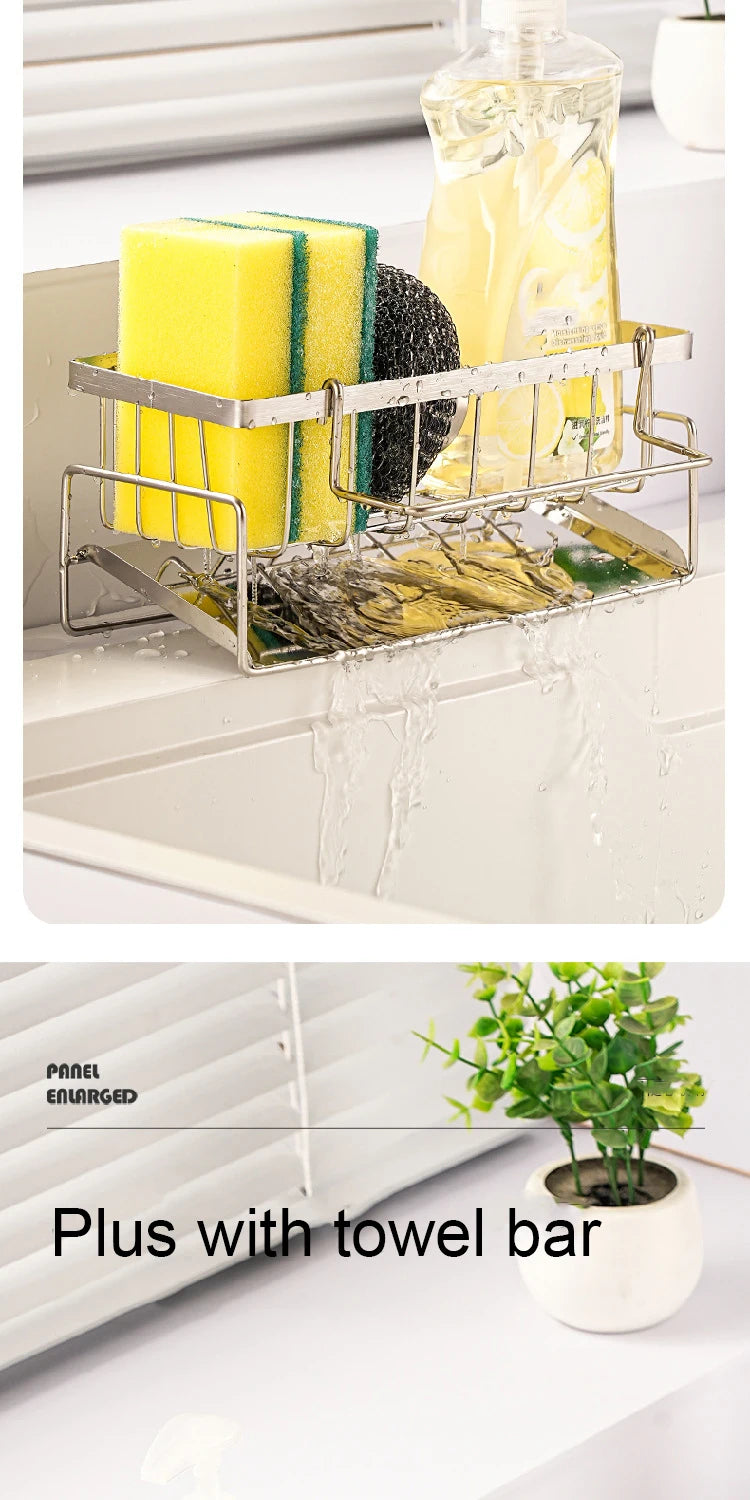 Rejilla de almacenamiento de herramientas de limpieza de fregadero, escurridor multifuncional de acero inoxidable para cocina, organizador de esponjas y detergentes, colgador de trapos