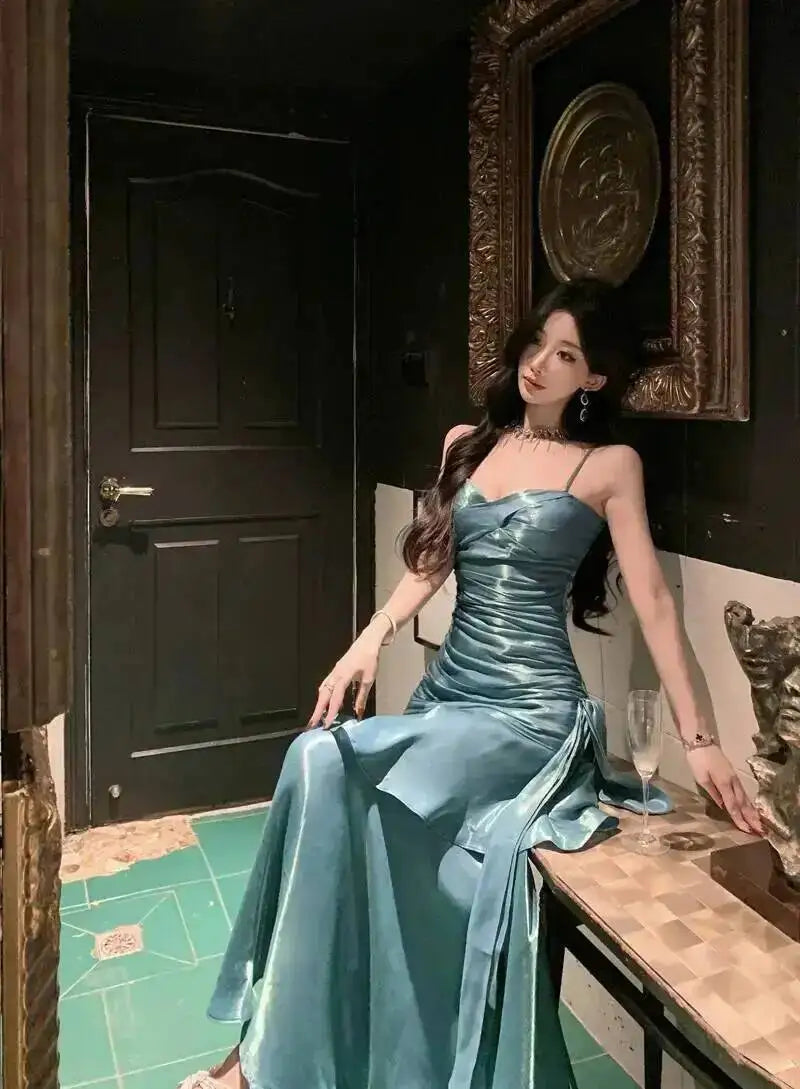 LGRQ 2026 Summer Blue Niche Strap Dress Fishtail Elegant Long Dresses Solid Color Female Elegant Party Gown 19DA2013