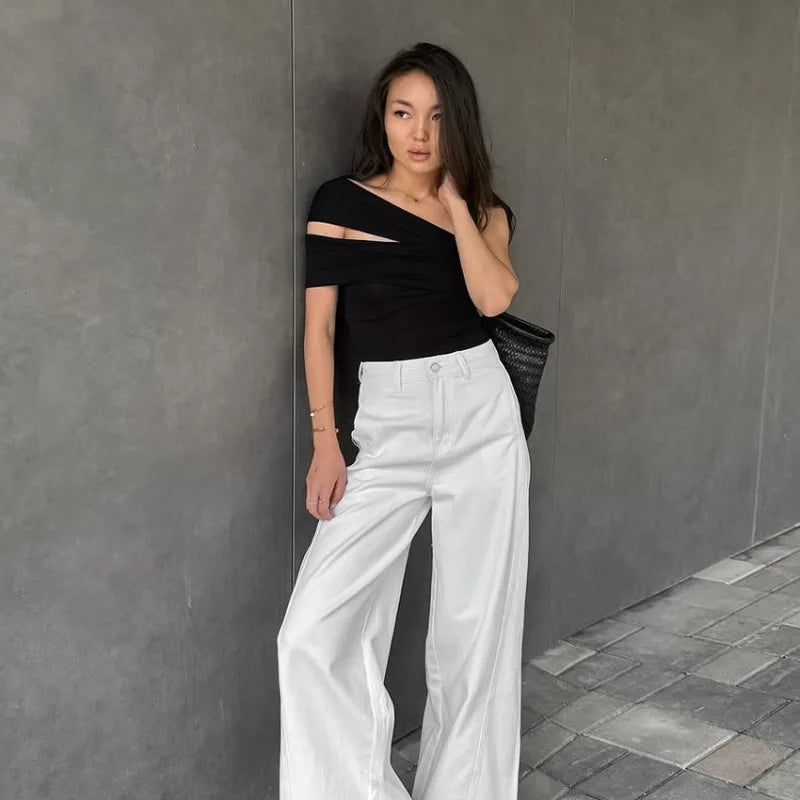 Trendix Black Bodycon Crop Tops For Women's 2026 Summer Off Shoulder Tank Top Street Slim Party Sexy Asymmetric Vacation Top
