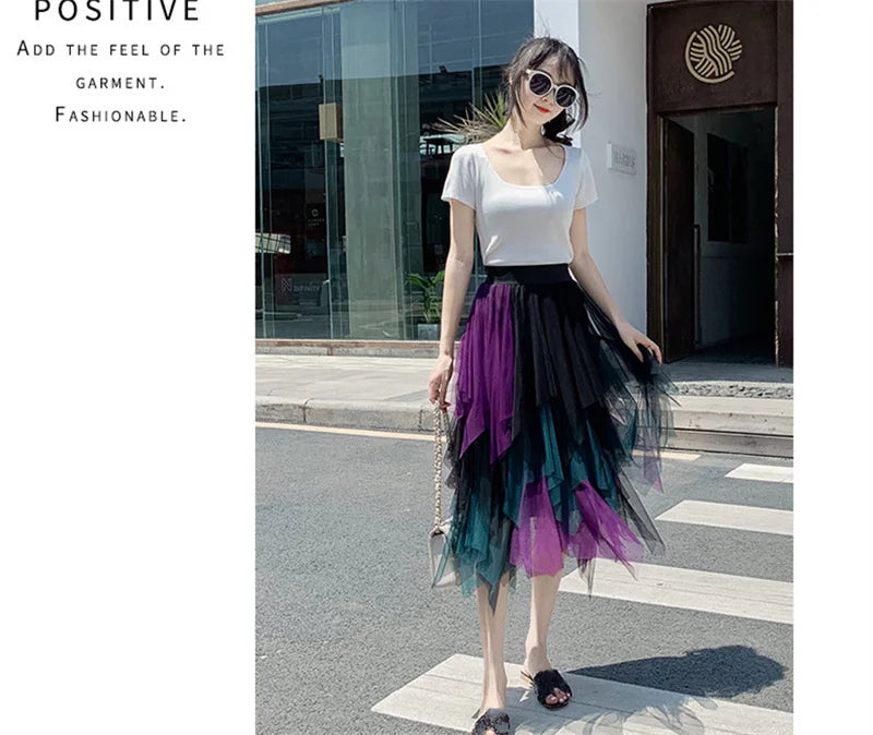 Summer Tutu Women Skirt Harajuku Casual Tulle Bottom Jupe Femme Faldas Fashion High Waist Midi Mesh Skirts Woman Clothing Saia