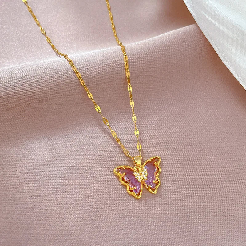(Titanium Steel) Gorgeous and Stylish Hollow Titanium Steel Butterfly Necklace with Crystal Drop Decoration for Women