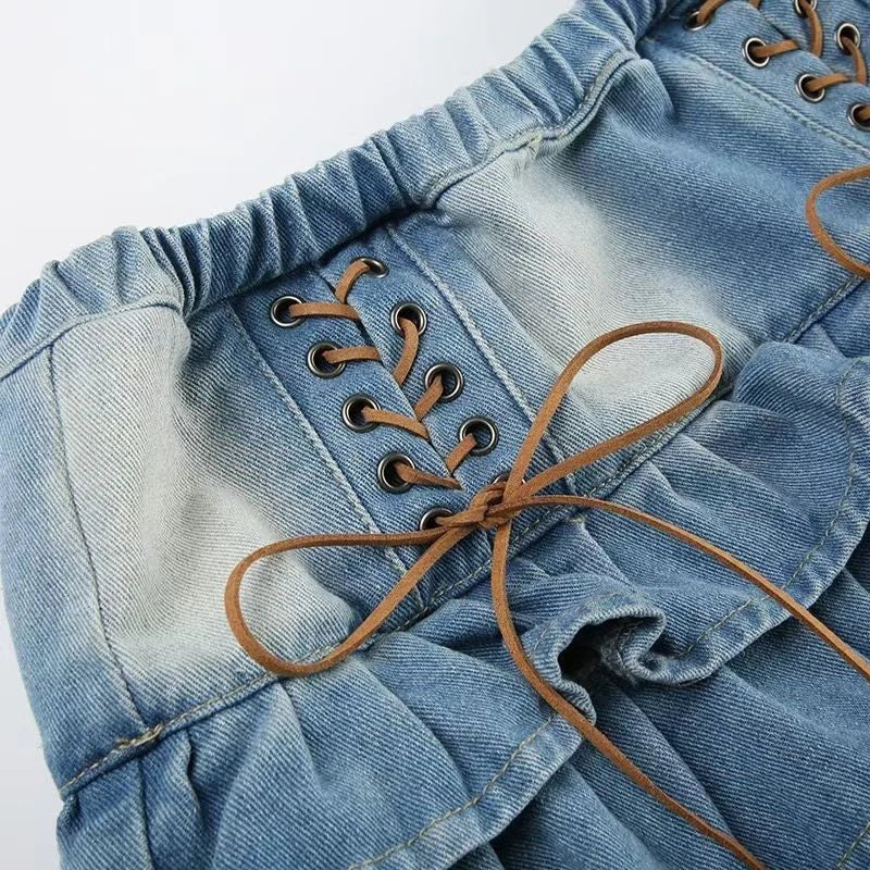 Vintage Lace Up Denim Skirts Women Y2K American Mid Waist All Match Mini Skirts Summer Streetwear Casual Pleated Jeans Skirts