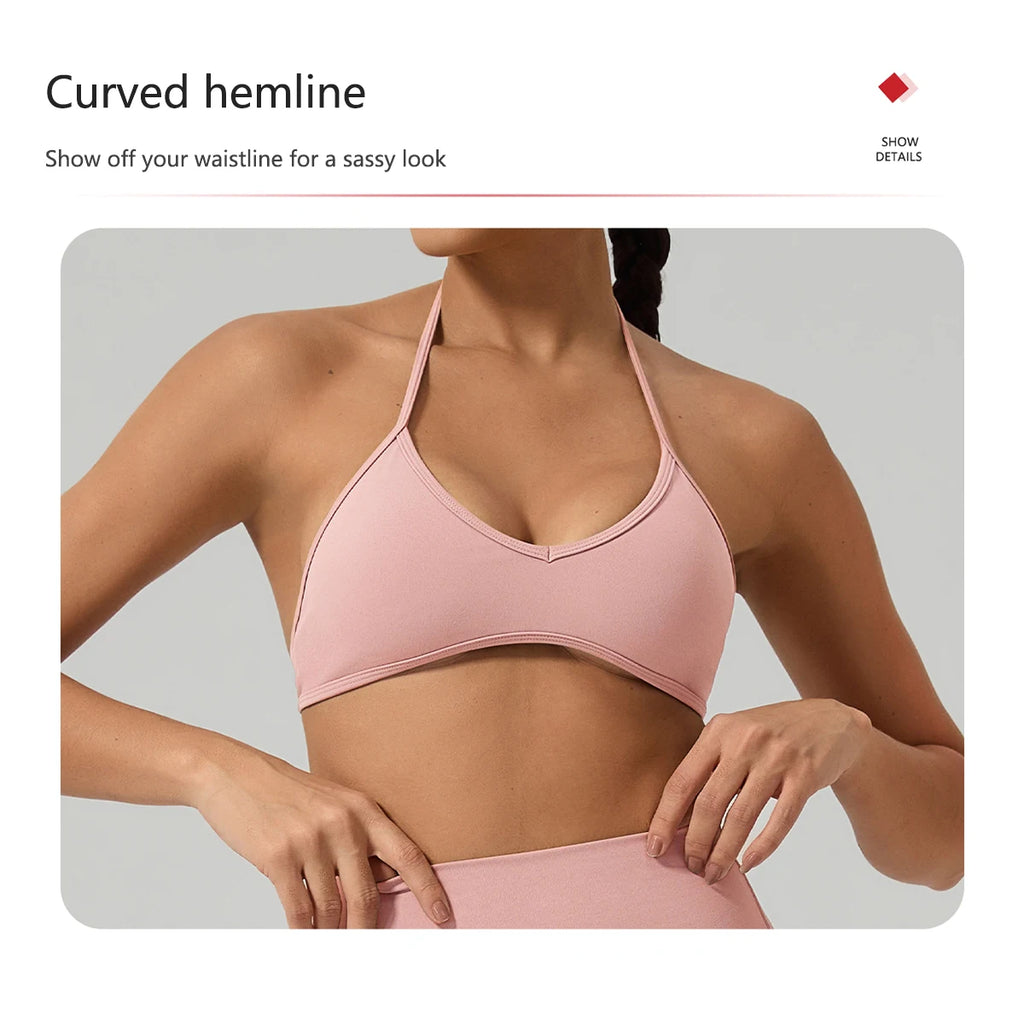 Women's Summer Halter Neck Padded Sports Yoga Bra Shock Absorption Support Backless Crop Top for Outdoor Running And Gym