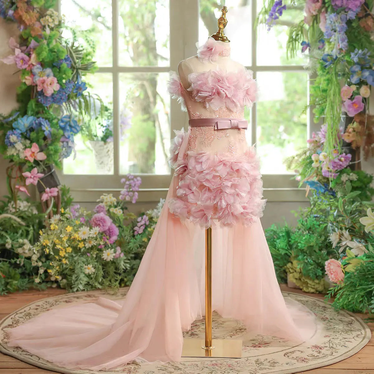 Dreamy Vow D157 Luxury Pink  Flower Girl Dress with Long Train Flowers Kids Princess Prom Wedding Evening Party Pageant Gown