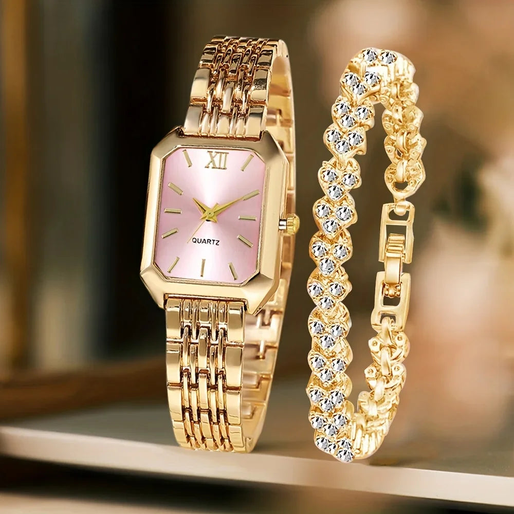 2PCS/Set Fashion Rectangle Women Quartz Watch Ladies Roma Dial Wristwatches Rhinestone Bracelet Set Reloj Mujer Girls Clock Gift