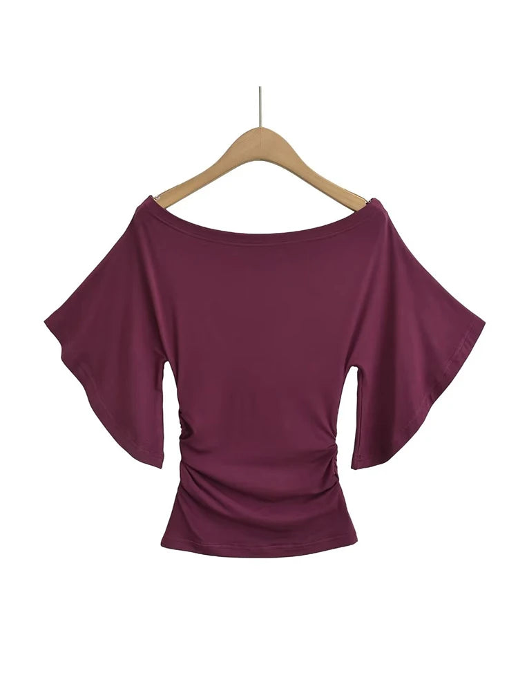 Women's Off-Shoulder T-Shirt - Bat Sleeve Ruched Slim Fit Top