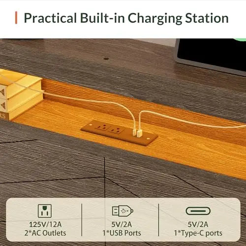 King Size Wooden Platform Bed Frame with Headboard,Brown | 2 Storage Drawers, LED Lights & Charging Station, Easy