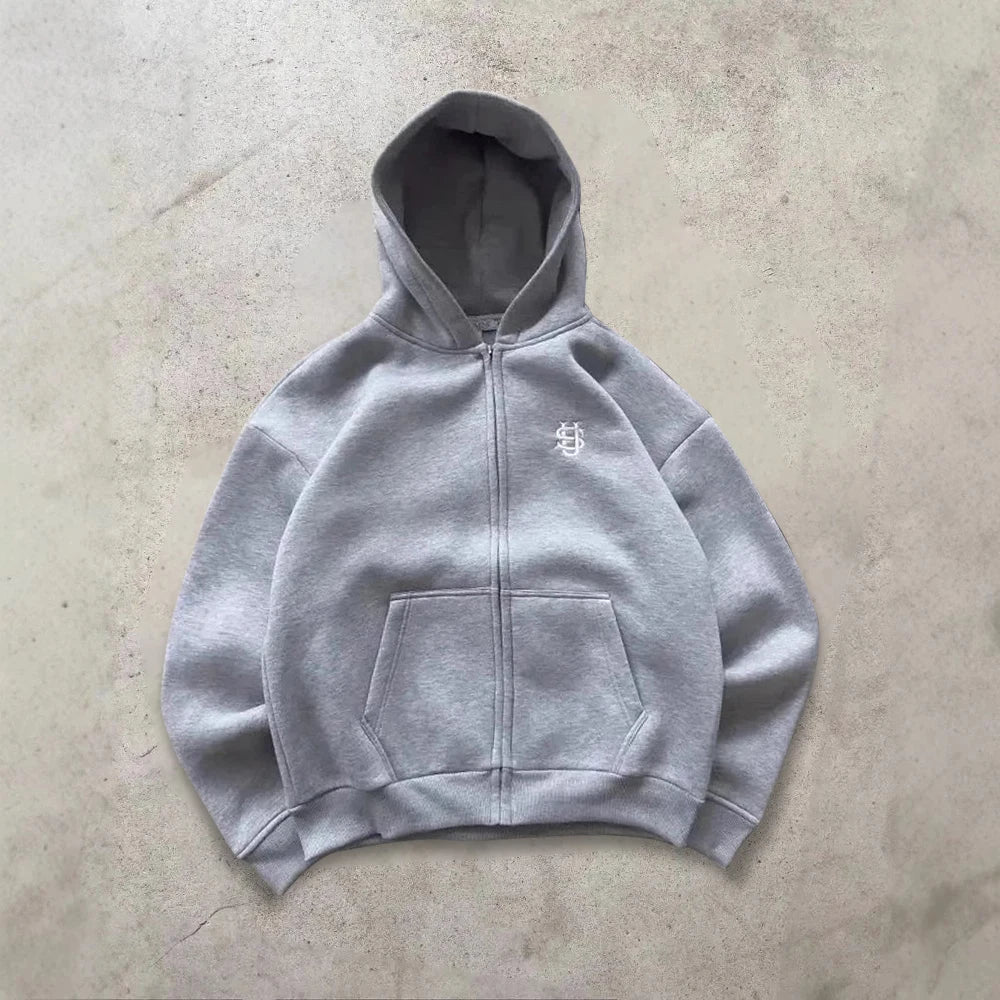 JENTULIN Men's Y2k Oversized Embroidered Zip-Up Hoodie Sweatshirt