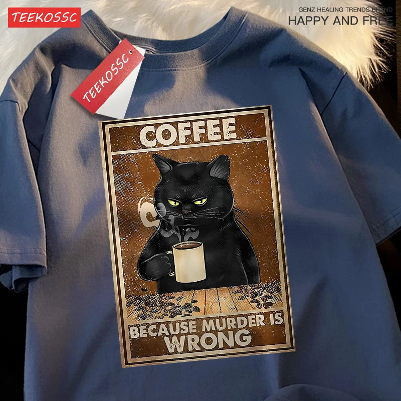 Porque Matar Está Mal Camiseta Unisex Oversize de Algodón Transpirable de Gato Negro Bebiendo Café Ropa Urbana