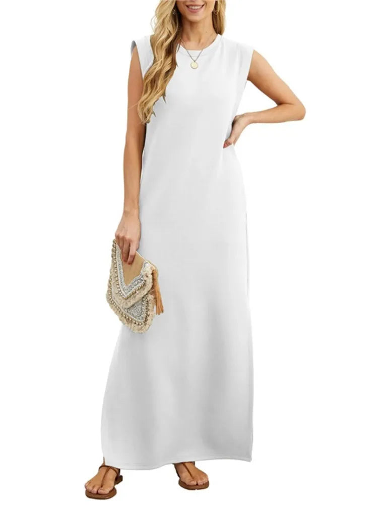 Lady Casual Solid Color Streetwear Summer Fashion Sleeveless Loose Long Dress Woman's Simple Style Slit Hem With Pocket Vestidos