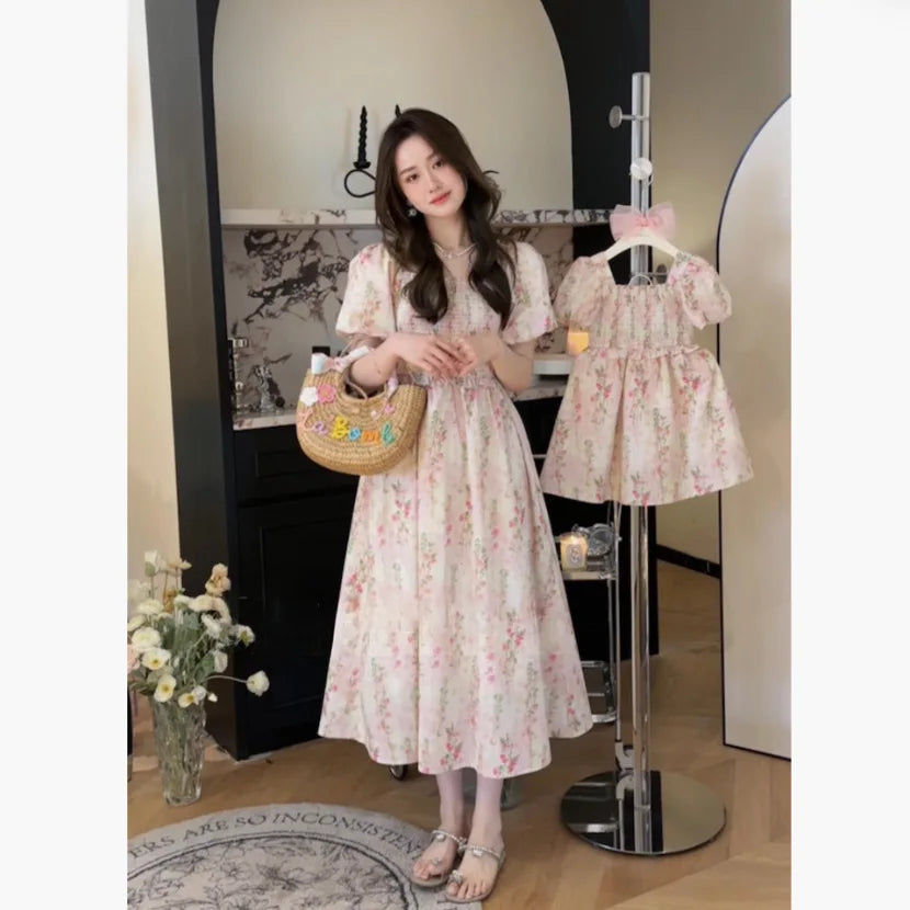 Parent-child Clothing Floral Dress Sweet Cute Children's Clothing Skirt Mother Same Mother-daughter Clothing Bubble Sleeve Skirt