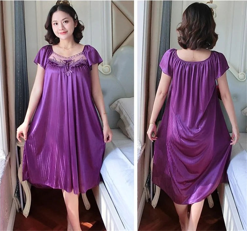 Ladies Ice Silk Nightgowns Sleeping Dress Medium Length Short Sleeve Nightdress Sexy Sleepwear Home Wear Loungewear Pyjama Femme