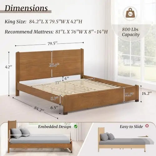 King Size Bed Frame, Mid-Century Solid Wooden Platform Bedframe with 42" High Headboard, Sturdy 800lb Heavy Duty Bed