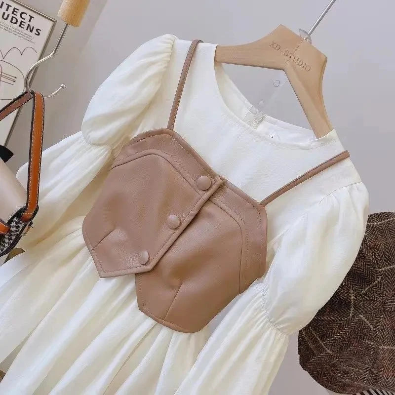 Girls Retro PU Leather Vest Dress Set
