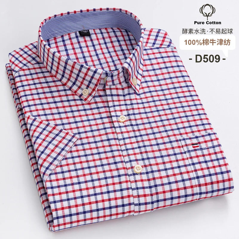 7XL Classic Men's Short Sleeve Shirt 100% Oxford Cotton Casual Plaid Stripe Shirt Business Men's Shirts Short Sleeve Large Size
