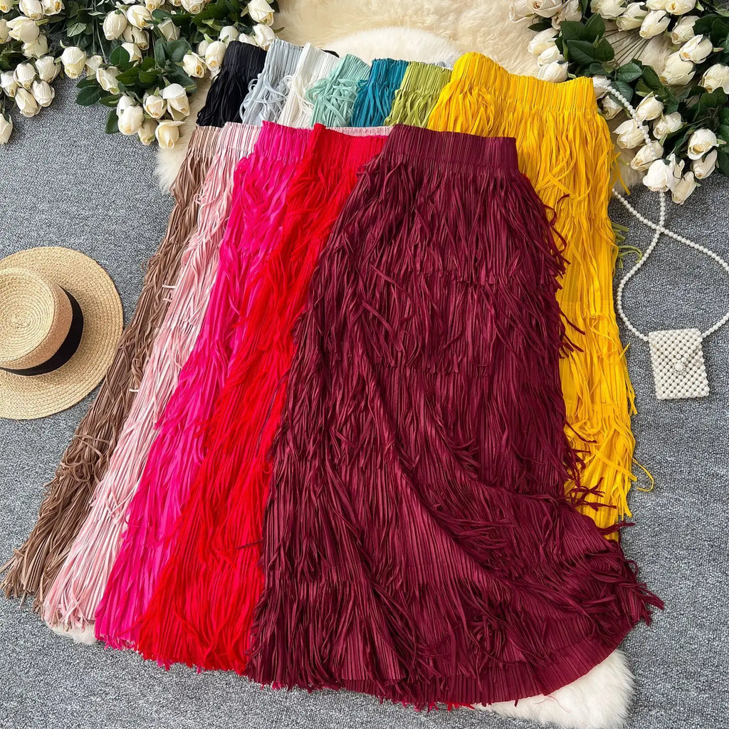 New In 2026 Spring Summer Tassel Midi Long Skirt For Women Trendy High Waist Streetwear Casual Skirts