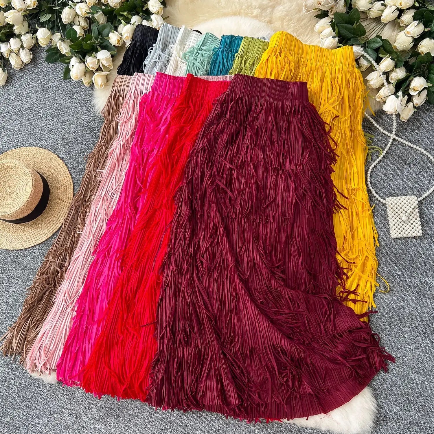 New In 2026 Spring Summer Tassel Midi Long Skirt For Women Trendy High Waist Streetwear Casual Skirts