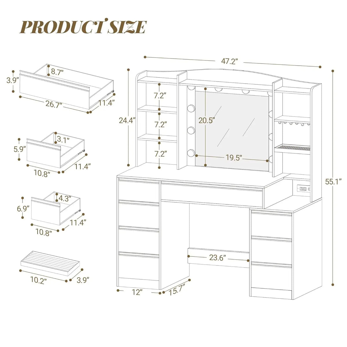 47.2in White Vanity Desk with LED Mirror Power Strip 8 Drawers 8 Shelves Bedroom