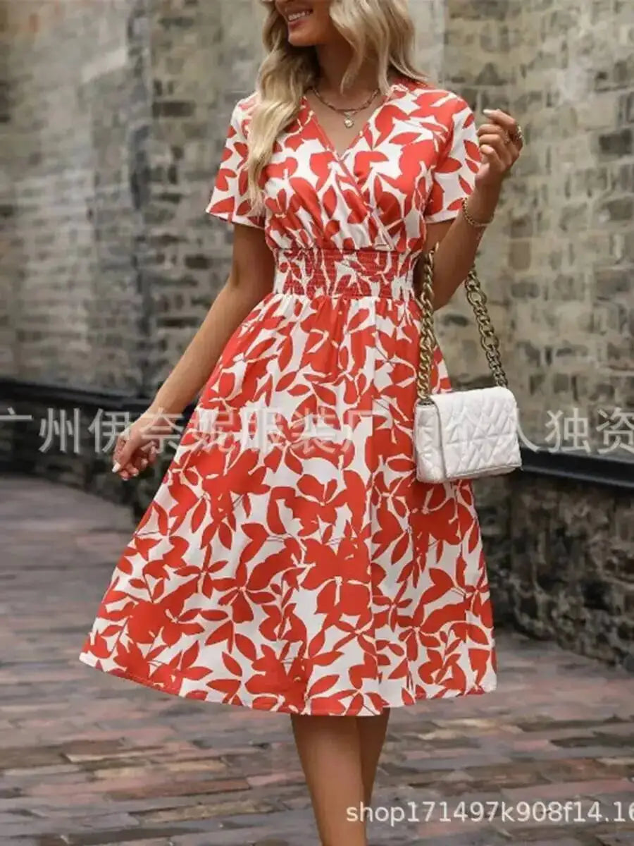 2026 European American New Spring Summer Short-Sleeved V Neck Leaf Floral Large Hem Skirt Waist Dress Dresses Tops 2KD7