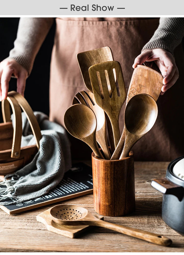 Cucharas de madera para cocinar de 9 piezas, utensilios de madera para cocinar con soporte para utensilios, juego de utensilios de cocina de madera de teca