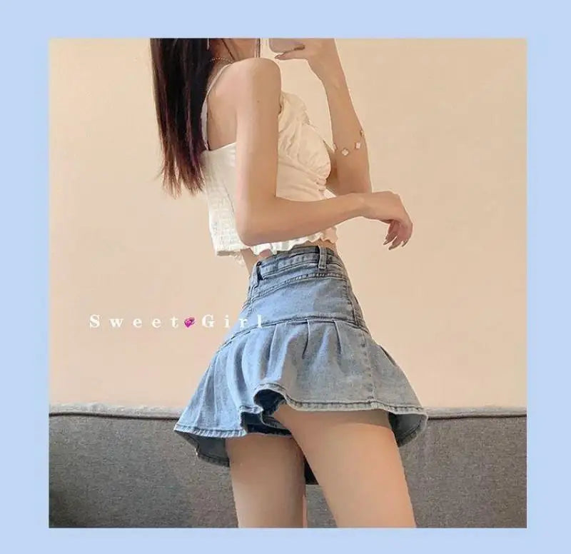 Y2K Vintage Denim Skirt Women Summer Fashion High Waist A-Line Wash Blue Slim Sexy Hot Girl Mini Jeans Ruffle Short Skirt Female