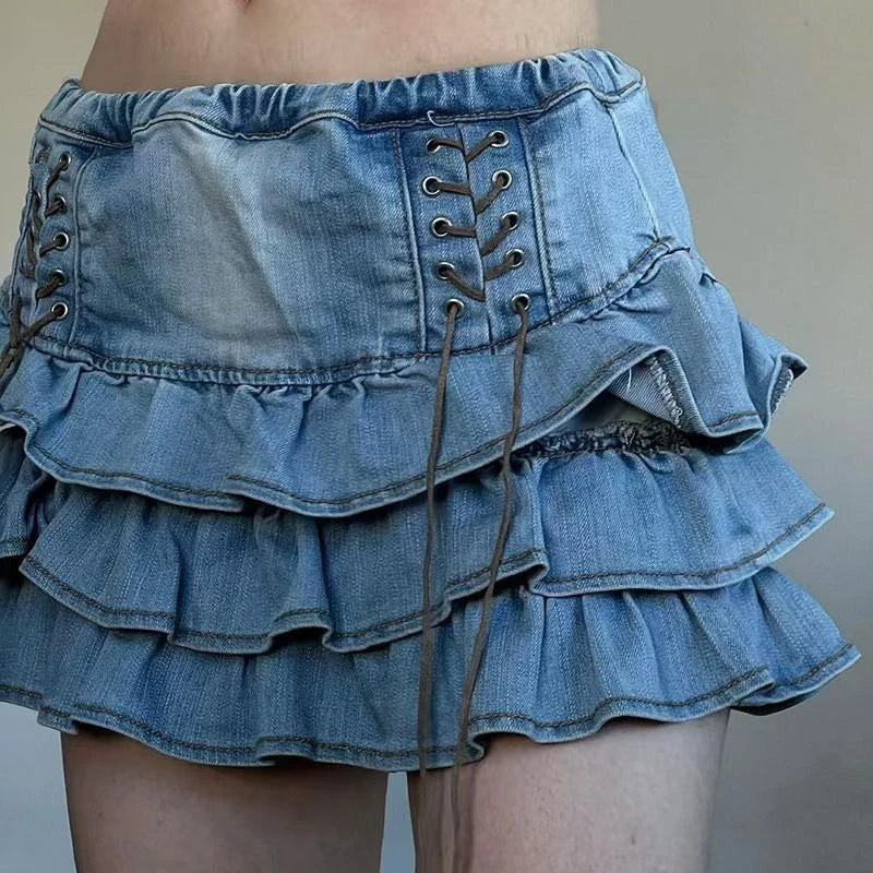 Vintage Lace Up Denim Skirts Women Y2K American Mid Waist All Match Mini Skirts Summer Streetwear Casual Pleated Jeans Skirts